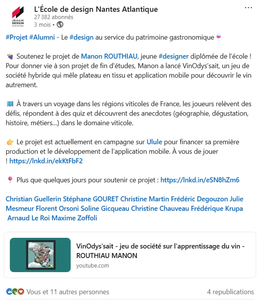 Post LinkedIn sur le jeu de société VinOdys'sait de la part de L'école de Design Nantes Atlantique dans le cadre du soutien d'une ancienne élève