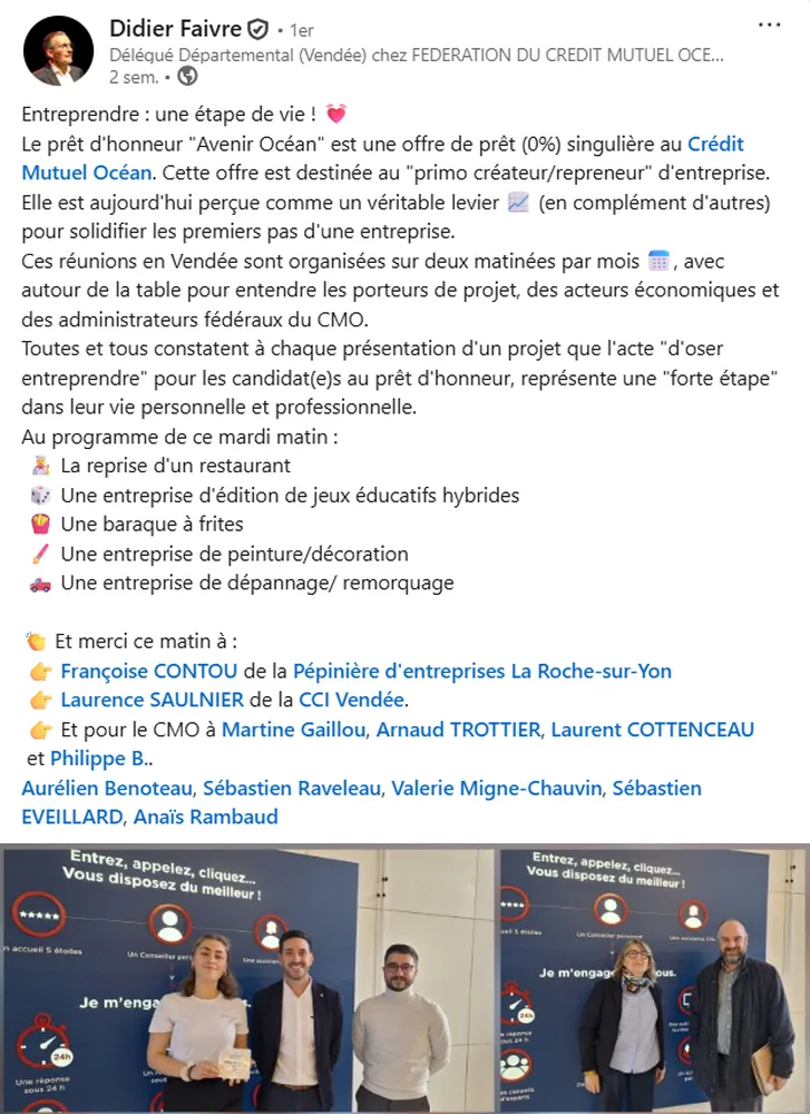 Post LinkedIn de la part de Didier Faivre, fédération crédit mutuel pour annoncer les soutien prêt d'honneur crédit mutuel océan pour la société Odys'sait dont le premier jeux est VinOdys'sait